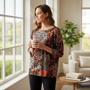 Susan Lawrence Knit Top Multicolor Abstract Animal Print Sz M #245G